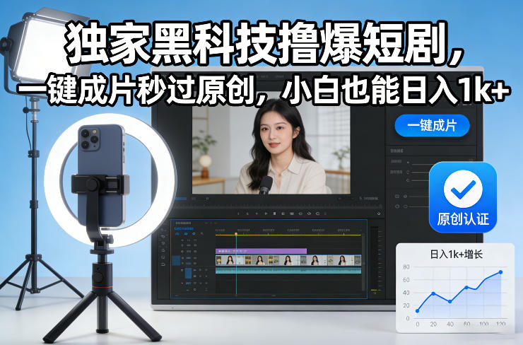 独家黑科技撸爆短剧,一键成片秒过原创,小白也能日入1k+【揭秘】-九九网创