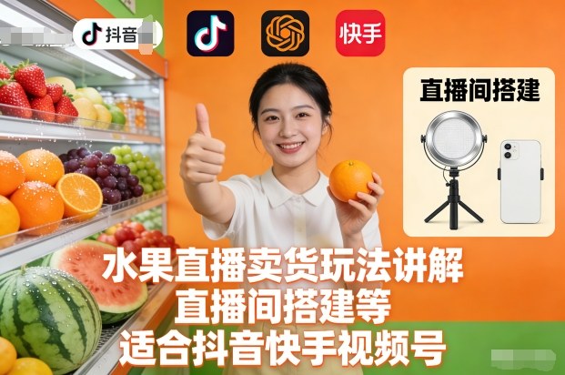 水果直播卖货玩法讲解、直播间搭建等,适合抖音快手视频号-九九网创