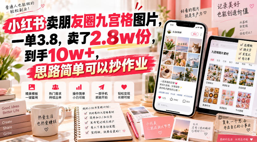 小红书卖朋友圈九宫格图片，一单3.8，卖了2.8w份，到手10w+，思路简单可以抄作业-九九网创