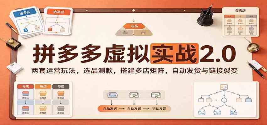 拼多多虚拟实战2.0：两套运营玩法，选品测款，搭建多店矩阵，自动发货与链接裂变-九九网创