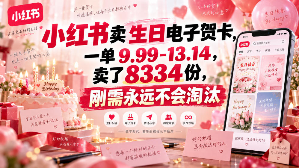 小红书卖生日电子贺卡，一单9.99-13.14，卖了8334份，刚需永远不会淘汰-九九网创