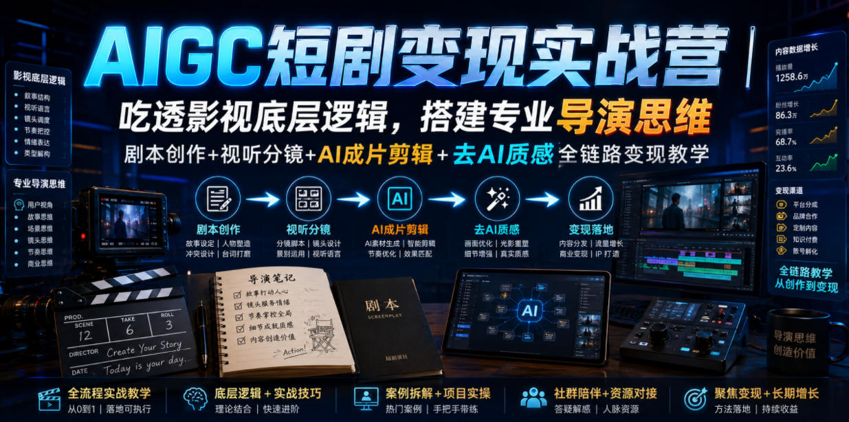 AIGC短剧变现实战营｜吃透影视底层逻辑，搭建专业导演思维，剧本创作+视听分镜+AI成片剪辑+去AI质感全链路变现教学-九九网创