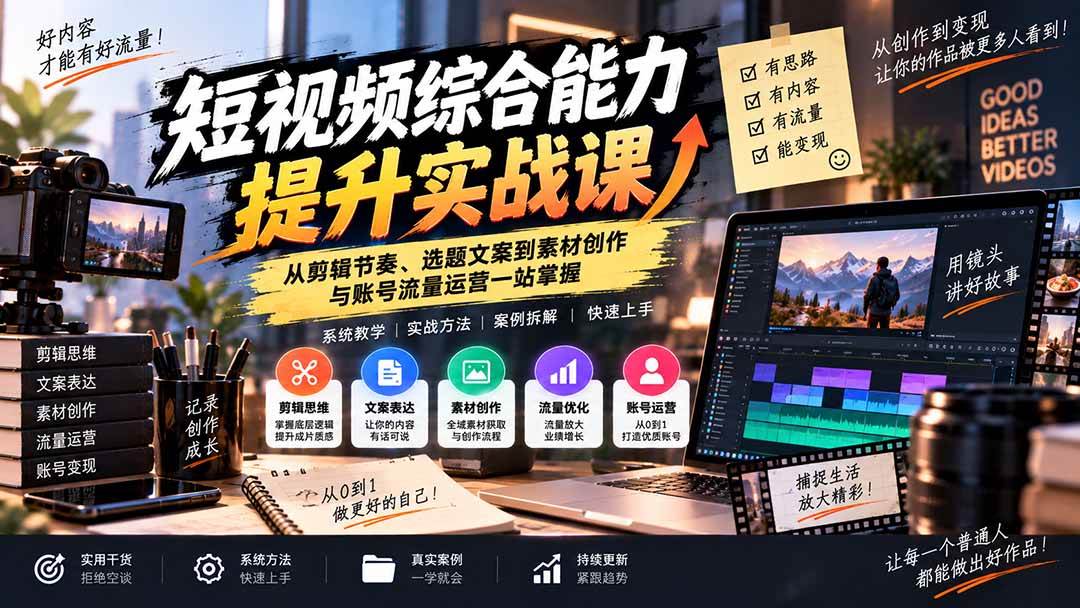 （20599期）短视频综合能力提升实战课：从剪辑节奏、选题文案到素材创作与账号流量运营一站掌握-九九网创