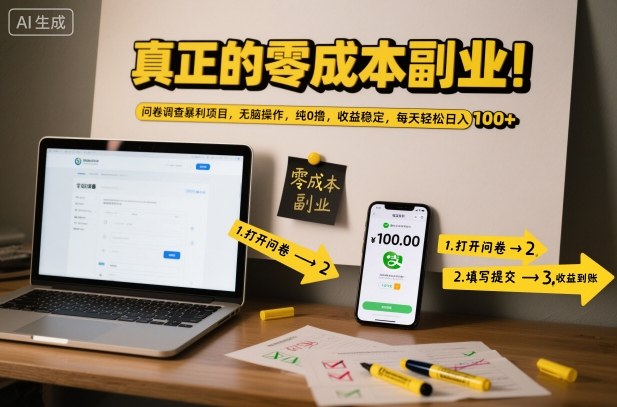 真正的零成本副业！问卷调查暴利项目，无脑操作，纯0撸，收益稳定，每天轻松日入100+【揭秘】-九九网创