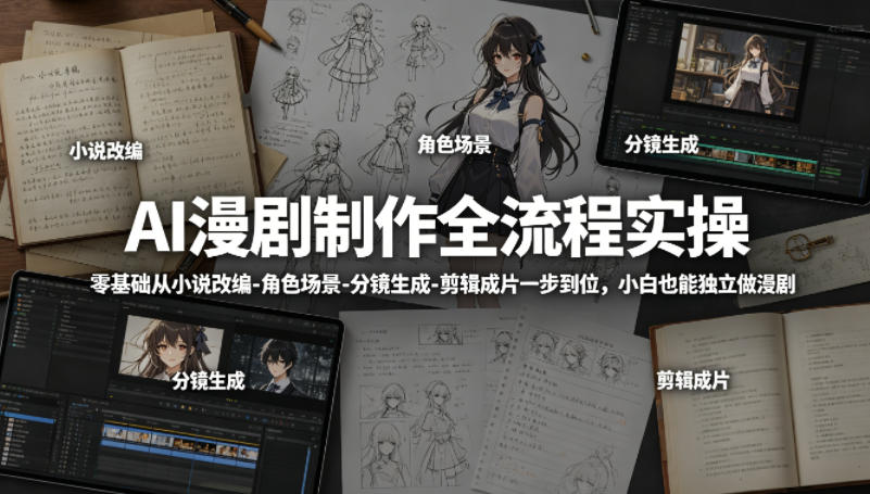 AI漫剧制作全流程实操，零基础从小说改编-角色场景-分镜生成-剪辑成片一步到位，小白也能独立做漫剧-九九网创