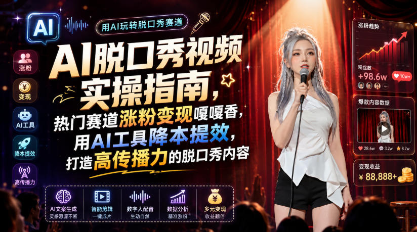 AI脱口秀视频实操指南，热门赛道涨粉变现嘎嘎香，用AI工具降本提效，打造高传播力的脱口秀内容-九九网创