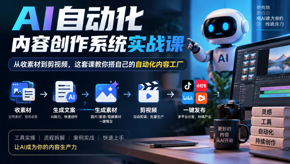 AI自动化内容创作系统实战课，从收素材到剪视频，这套课教你搭自己的自动化内容工厂-九九网创