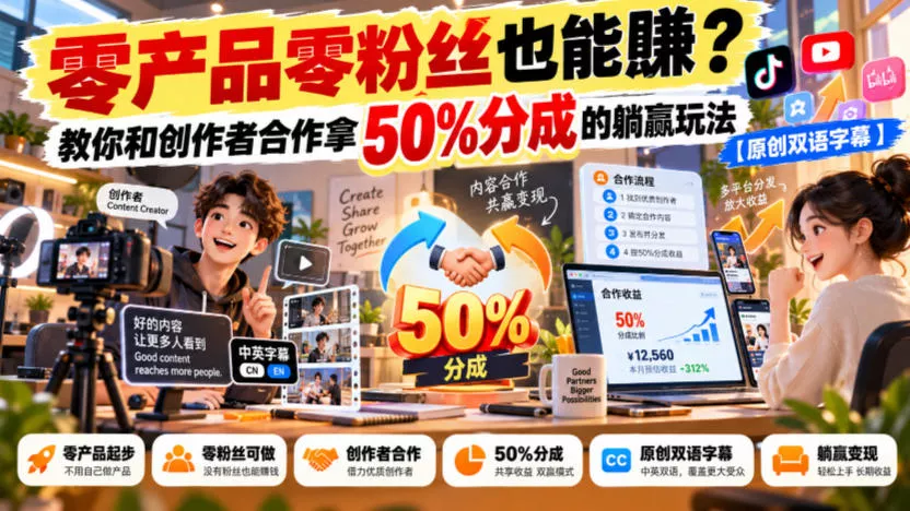 【无水印】零产品零粉丝也能賺？教你和创作者合作拿50%分成的躺赢玩法【原创双语字幕】-九九网创
