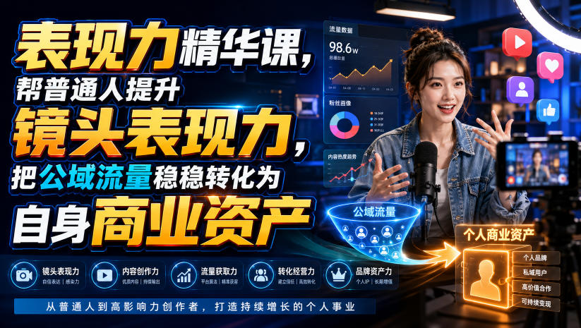 表现力精华课,帮普通人提升镜头表现力,把公域流量稳稳转化为自身商业资产-九九网创