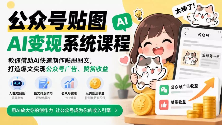 公众号贴图AI变现系统课程｜教你借助AI快速制作贴图图文，打造爆文实现公众号广告、赞赏收益-九九网创