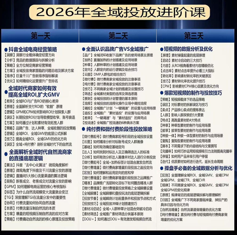 千川扫地僧2026抖音全域投放进阶课，少走弯路·快速起量·掌控增长，6月12-14号杭州线下课-九九网创