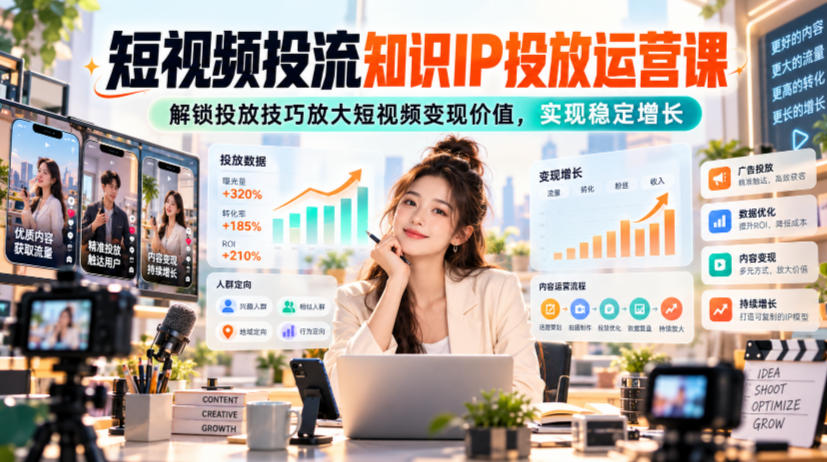 短视频投流知识IP投放运营课，解锁投放技巧放大短视频变现价值，实现稳定增长-九九网创