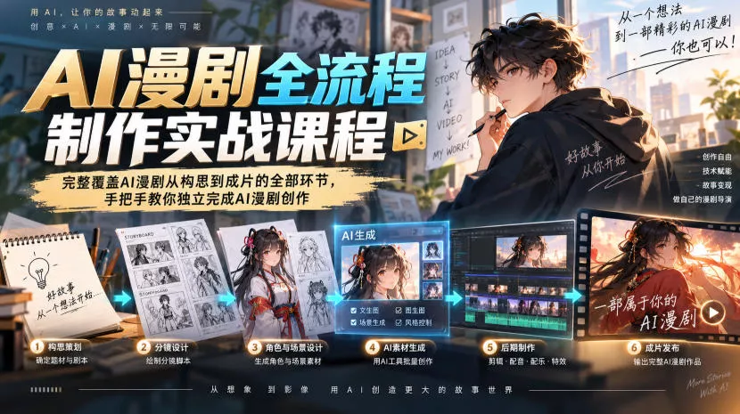 AI漫剧全流程制作实战课程，完整覆盖AI漫剧从构思到成片的全部环节，手把手教你独立完成AI漫剧创作-九九网创