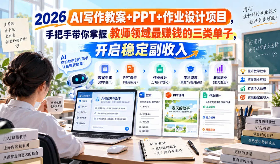 2026 AI写作教案+PPT+作业设计项目，手把手带你掌握教师领域最賺钱的三类单子，开启稳定副收入-九九网创