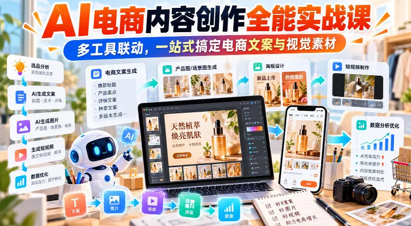 【无水印】AI电商内容创作全能实战课｜多工具联动，一站式搞定电商文案与视觉素材-九九网创