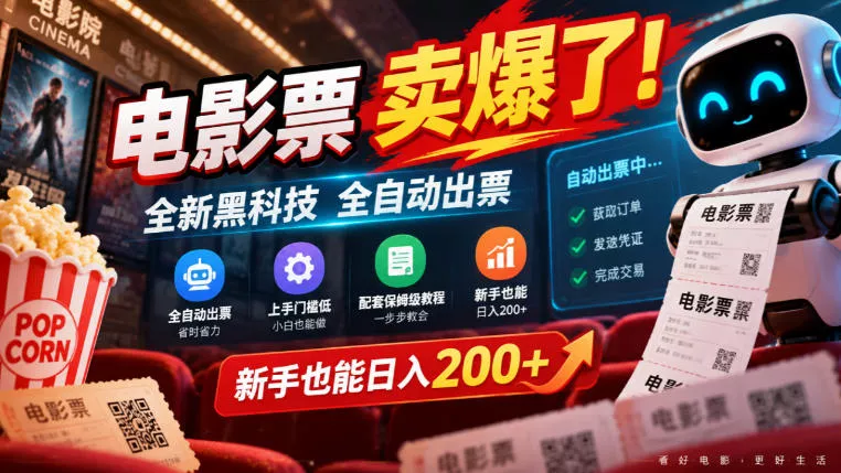 电影票卖爆了，全新黑科技全自动出票，上手门槛低，配套保姆级教程，新手也能日入200+【揭秘】-九九网创