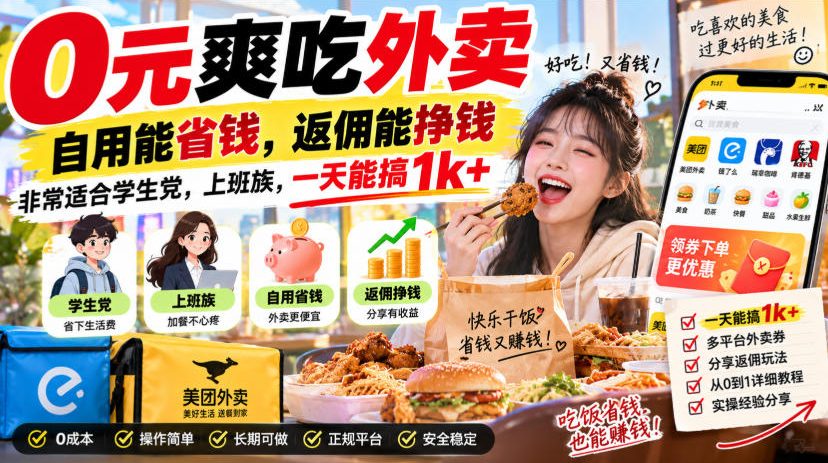 0元爽吃外卖，自用能省钱，返佣能挣钱，非常适合学生党，上班族，一天能搞1k+-九九网创