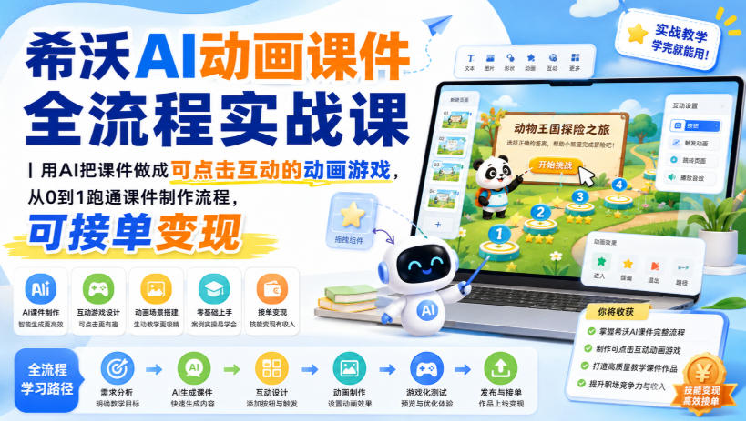 希沃AI动画课件全流程实战课｜用AI把课件做成可点击互动的动画游戏，从0到1跑通课件制作流程，可接单变现-九九网创