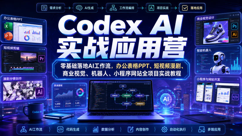 Codex AI实战应用营｜零基础落地AI工作流，办公表格PPT、短视频漫剧、商业视觉、机器人、小程序网站全项目实战教程-九九网创