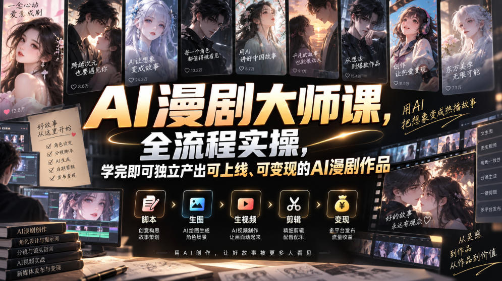 AI漫剧大师课，全流程实操，学完即可独立产出可上线、可变现的AI漫剧作品-九九网创