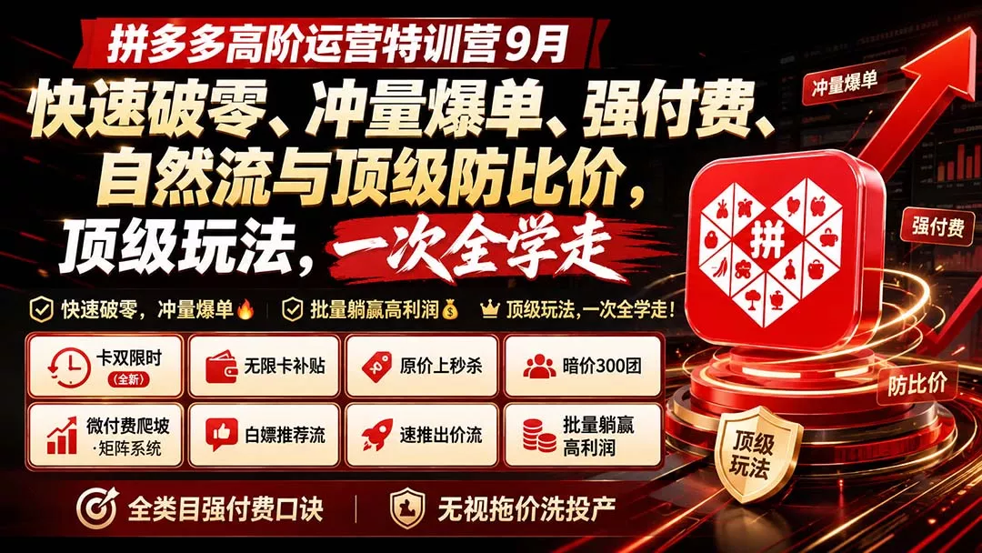 拼多多高阶运营特训营9月：快速破零、冲量爆单、强付费、自然流与顶级防比价， 顶级玩法，一次全学走-九九网创