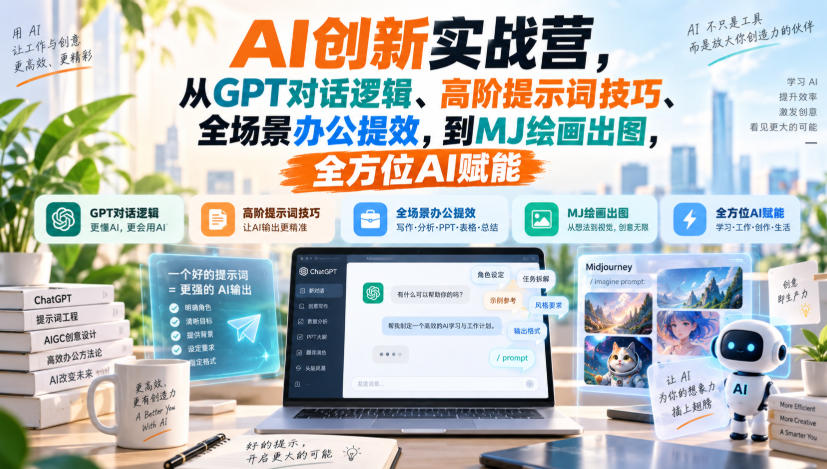 AI创新实战营，从GPT对话逻辑、高阶提示词技巧、全场景办公提效，到MJ绘画出图，全方位AI赋能-九九网创