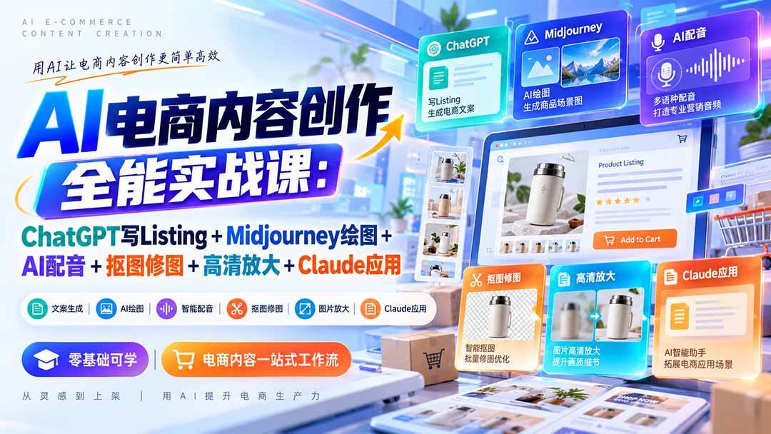 (20770期)【无水印】AI电商内容创作全能实战课:ChatGPT写Listing+Midjourney绘图+AI配音+抠图修图+高清放大+Claude应用-九九网创