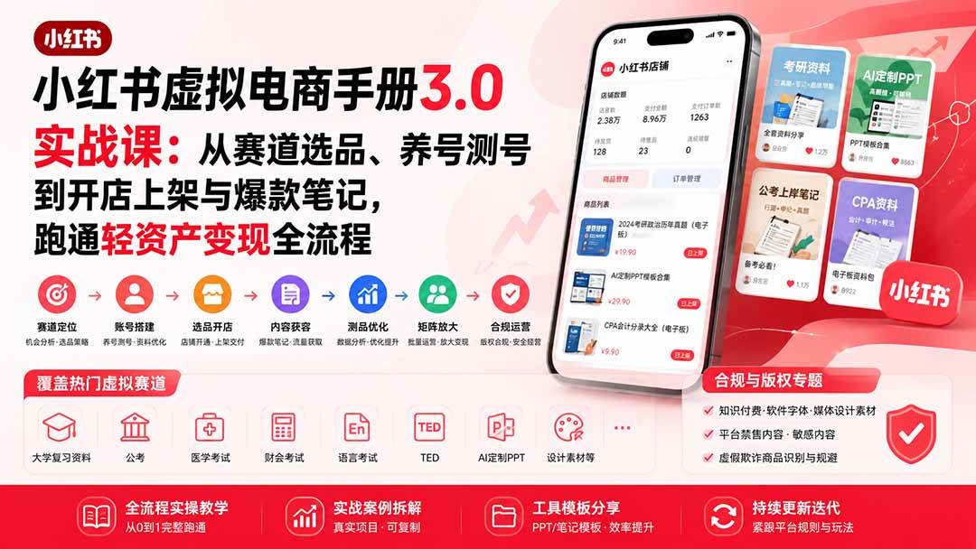 （20054期）小红书虚拟电商手册3.0实战课：从赛道选品、养号测号到开店上架与爆款笔记，跑通轻资产变现全流程-九九网创