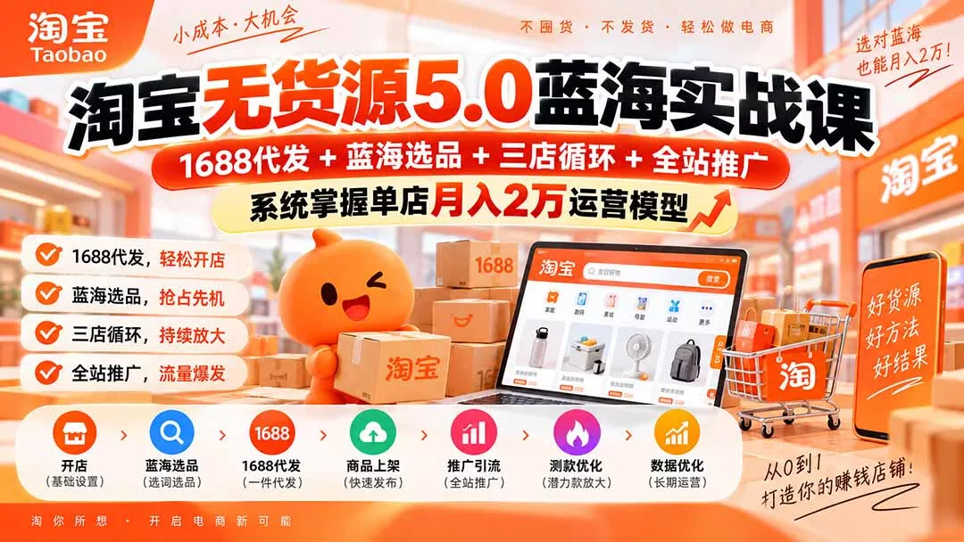 淘宝无货源5.0蓝海实战课-更新0927：1688代发+蓝海选品+三店循环+全站推广，系统掌握单店月入2万运营模型-九九网创
