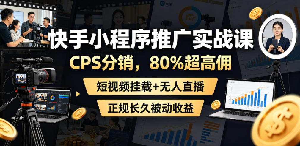 快手小程序推广实战课,CPS分销,80%超高佣,短视频挂载+无人直播,正规长久被动收益-九九网创