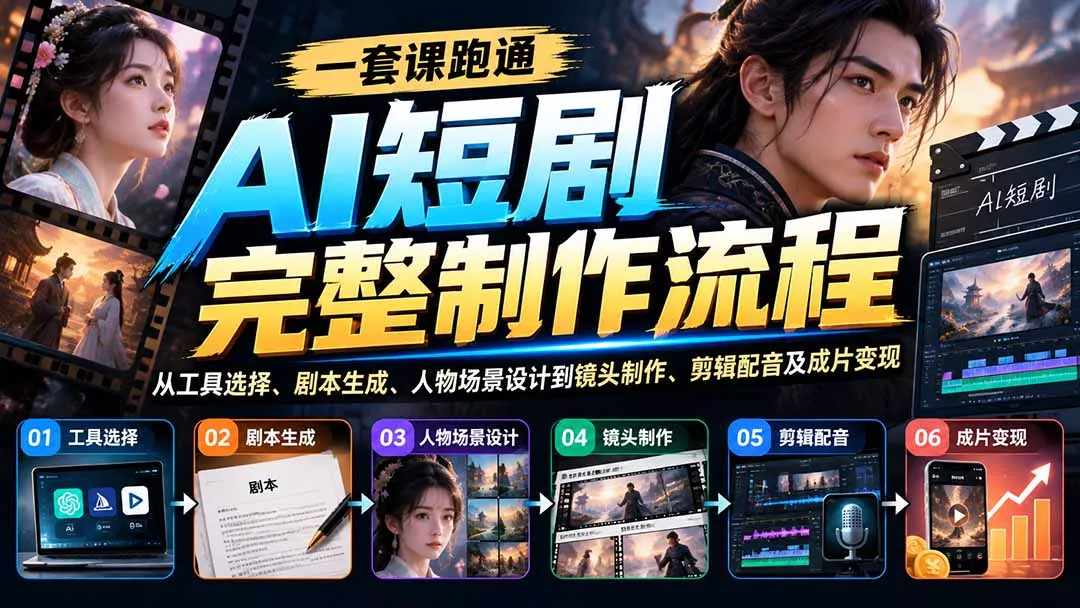 一套课跑通AI短剧完整制作流程：从工具选择、剧本生成、人物场景设计到镜头制作、剪辑配音及成片变现-九九网创