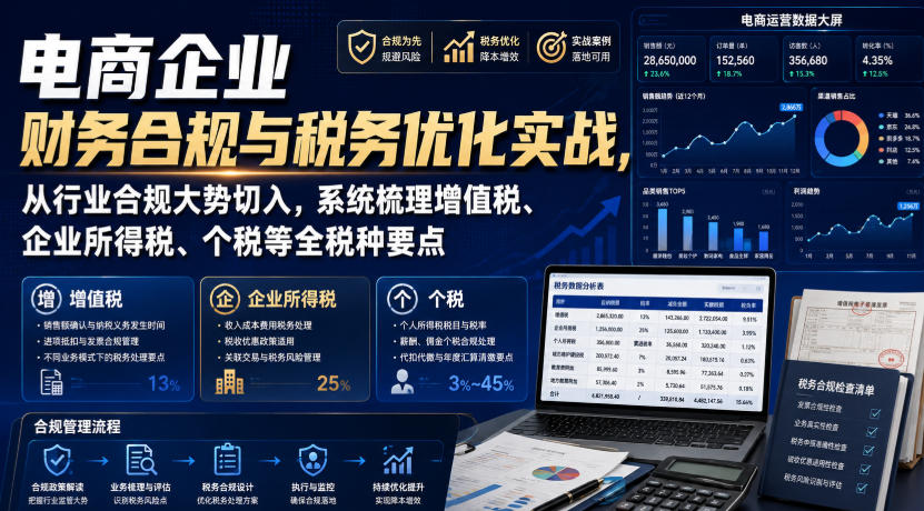 电商企业财务合规与税务优化实战，从行业合规大势切入，系统梳理增值税、企业所得税、个税等全税种要点-九九网创