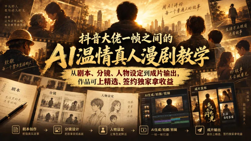 抖音大佬一帧之间的AI温情真人漫剧教学，从剧本、分镜、人物设定到成片输出，作品可上精选、签约独家拿收益-九九网创