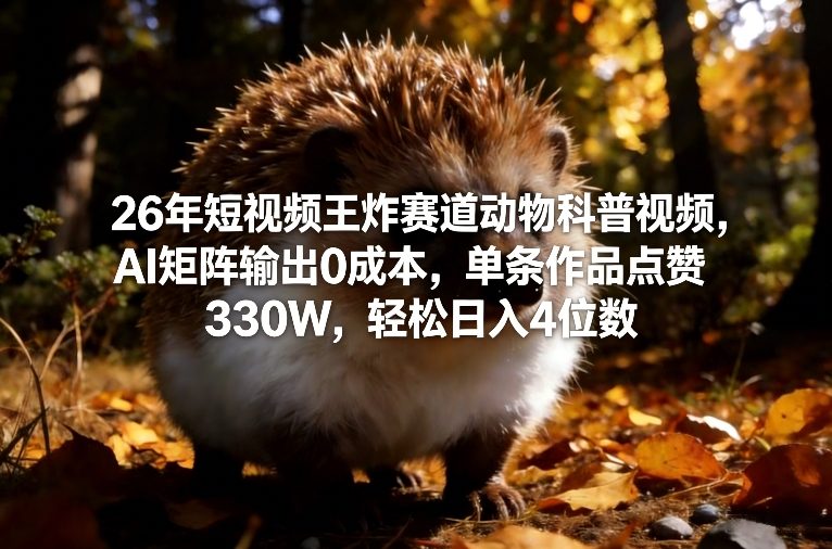 26年短视频王炸赛道动物科普视频，AI矩阵输出0成本，单条作品点赞330W，轻松日入4位数-九九网创