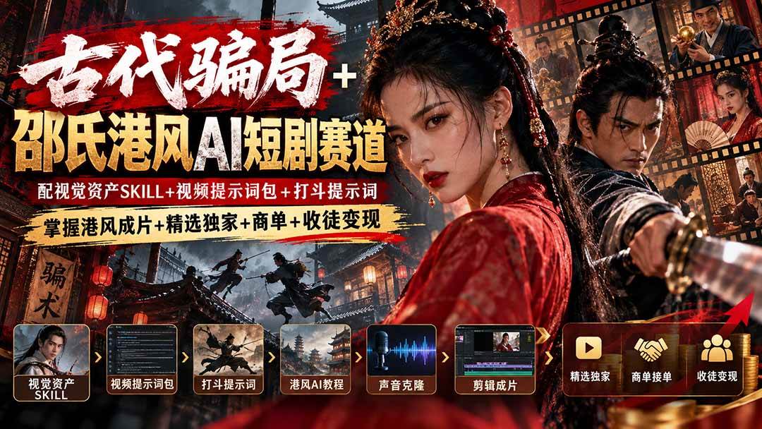 （20684期）古代骗局+邵氏港风AI短剧赛道：配视觉资产SKILL+视频提示词包+打斗提示词，掌握港风成片+精选独家+商单+收徒变现-九九网创