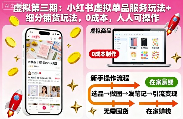 虚拟第三期：小红书虚拟单品服务玩法+细分铺货玩法，0成本，人人可操作(更新)-九九网创
