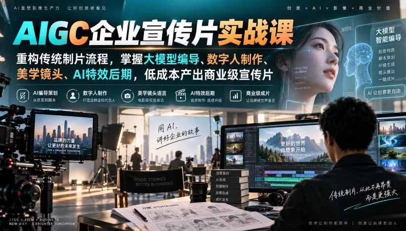 AIGC企业宣传片实战课，重构传统制片流程，掌握大模型编导、数字人制作、美学镜头、AI特效后期，低成本产出商业级宣传片-九九网创