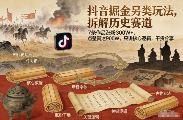 抖音掘金另类玩法，拆解历史赛道，7条作品涨粉300W+，点赞量高达900W，只讲核心逻辑，干货分享-九九网创