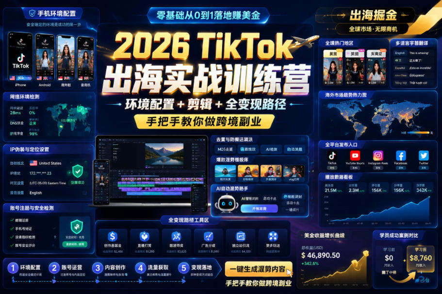 2026 TikTok出海实战训练营,环境配置 + 剪辑 + 全变现路径,手把手教你做跨境副业-九九网创