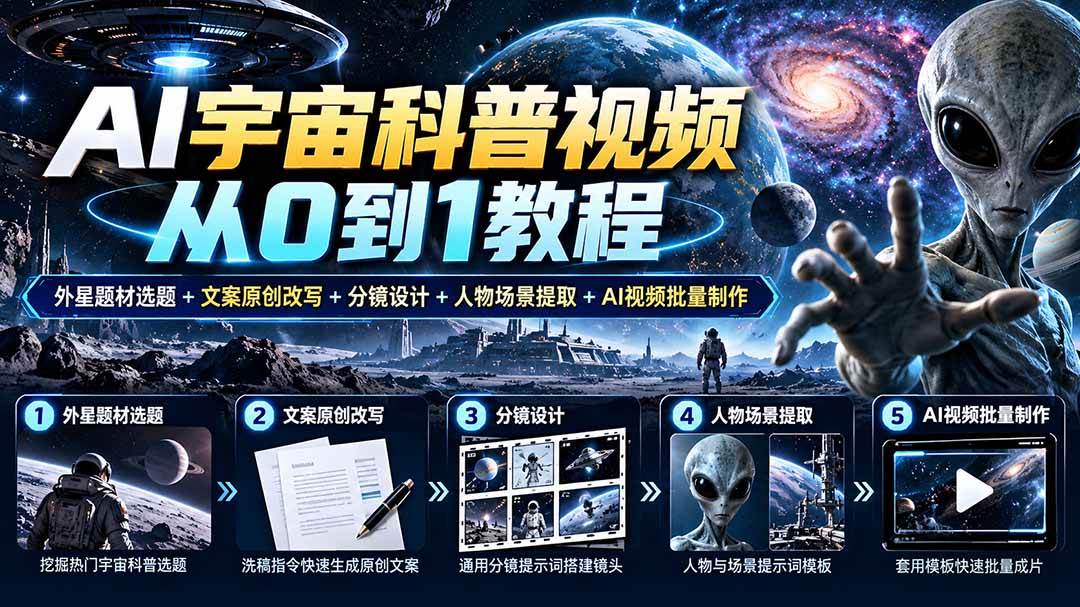 （20774期）AI宇宙科普视频从0到1教程｜外星题材选题+文案原创改写+分镜设计+人物场景提取+AI视频批量制作-九九网创
