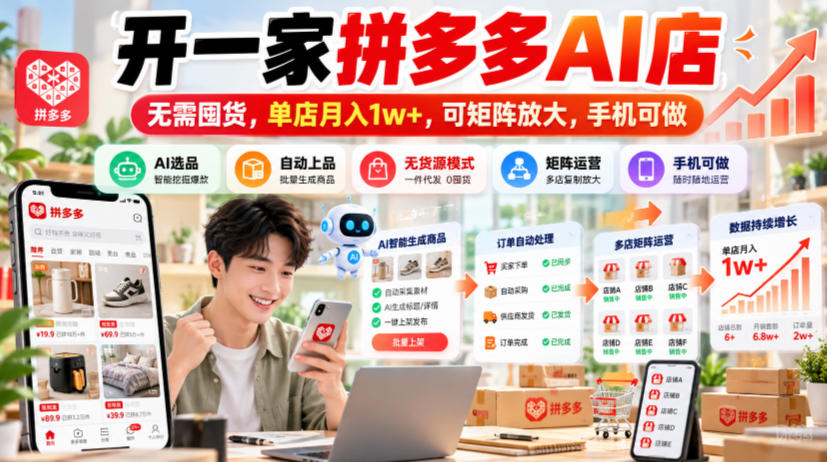 开一家拼多多AI店，无需囤货，单店月入1w+，可矩阵放大，手机可做【揭秘】-九九网创