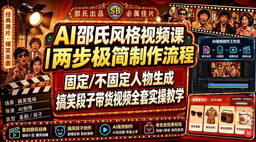 （19602期）AI邵氏风格视频课｜两步极简制作流程，固定/不固定人物生成，搞笑段子带货视频全套实操教学-九九网创