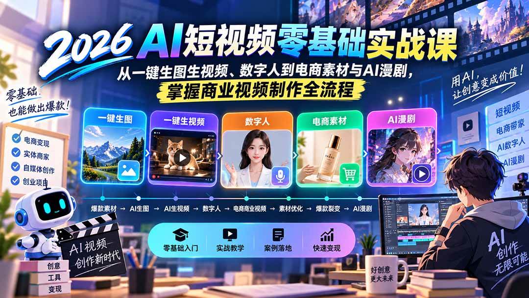 （20263期）2026AI短视频零基础实战课：从一键生图生视频、数字人到电商素材与AI漫剧，掌握商业视频制作全流程-九九网创
