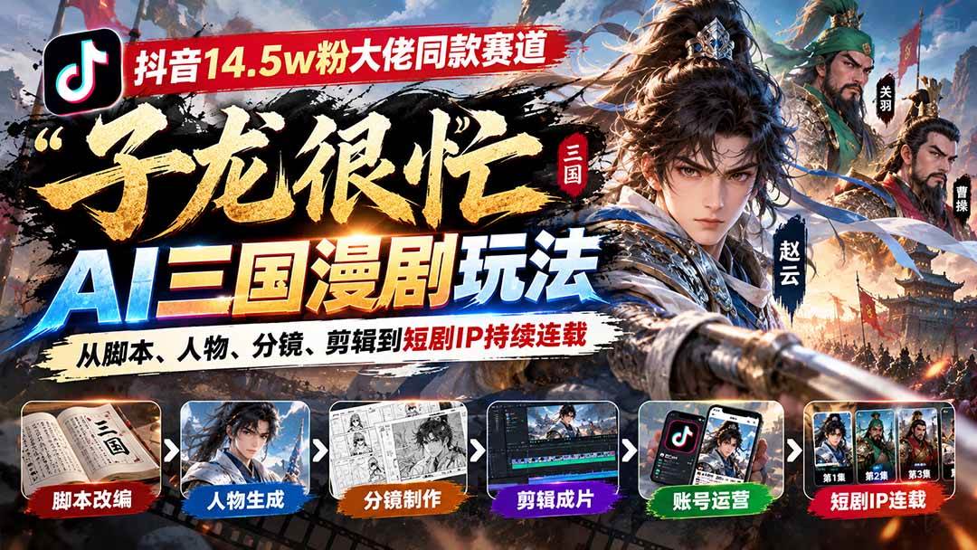 （20818期）抖音14.5w粉大佬同款赛道「子龙很忙」AI三国漫剧玩法：从脚本、人物、分镜、剪辑到短剧IP持续连载-九九网创