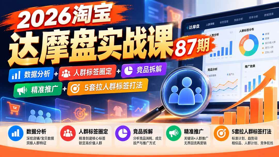 （20830期）2026淘宝达摩盘实战课87期：数据分析+人群标签圈定+竞品拆解+精准推广+5套拉人群标签打法-九九网创