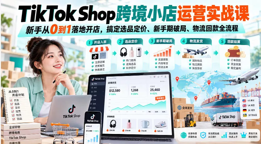 TikTok Shop跨境小店运营实战课，新手从0到1落地开店，搞定选品定价、新手期破局、物流回款全流程-九九网创