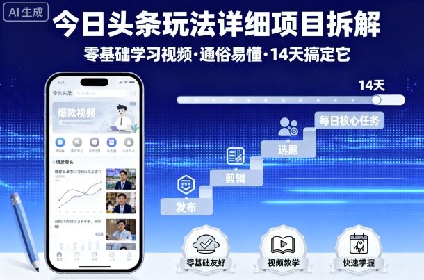 今日头条玩法详细项目拆解，零基础学习视频 通俗易懂 14天搞定它-九九网创