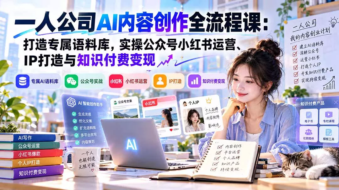 一人公司AI内容创作全流程课：打造专属语料库，实操公众号小红书运营、IP打造与知识付费变现方法论-九九网创