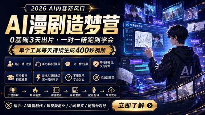 （18568期）AI漫剧造梦营：0基础3天出片，单个工具每天持续生成400秒视频-九九网创