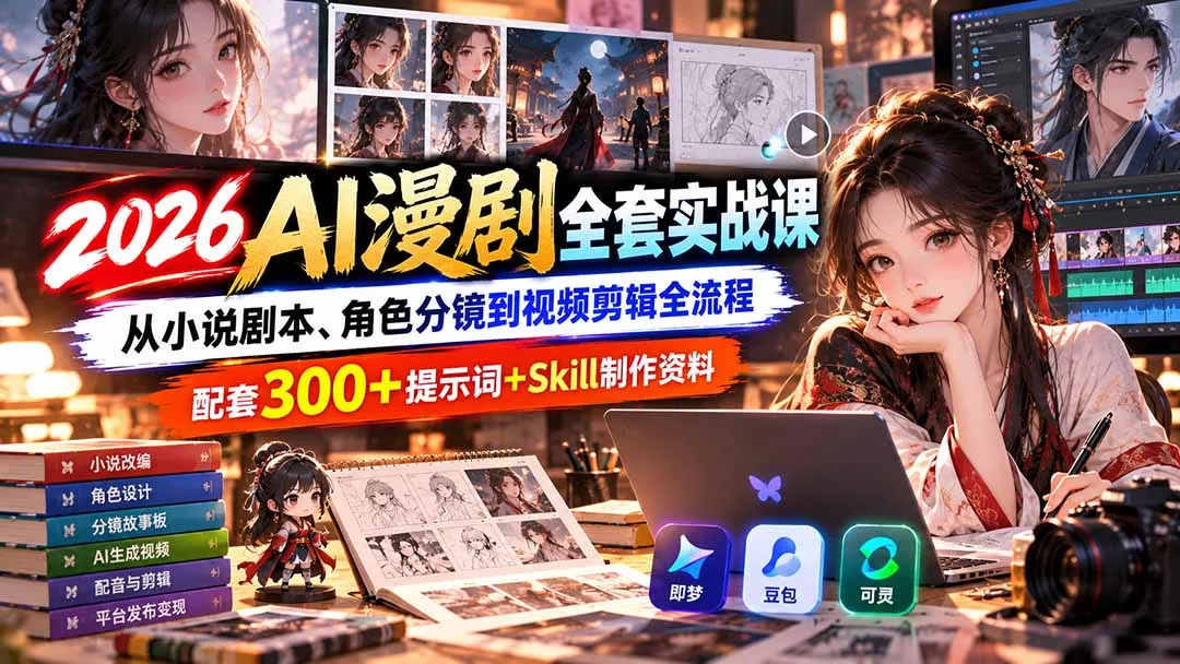 【无水印】2026AI漫剧全套实战课：从小说剧本、角色分镜到视频剪辑全流程，配套300+提示词+Skill制作资料-九九网创